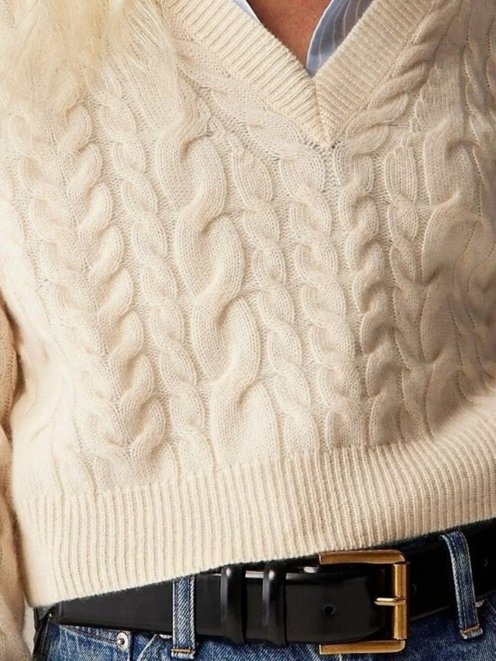 NWT J.Crew Cashmere Cropped Cable-knit V-neck Sweater in Warm Sesame Ivory L - Picture 2 of 9